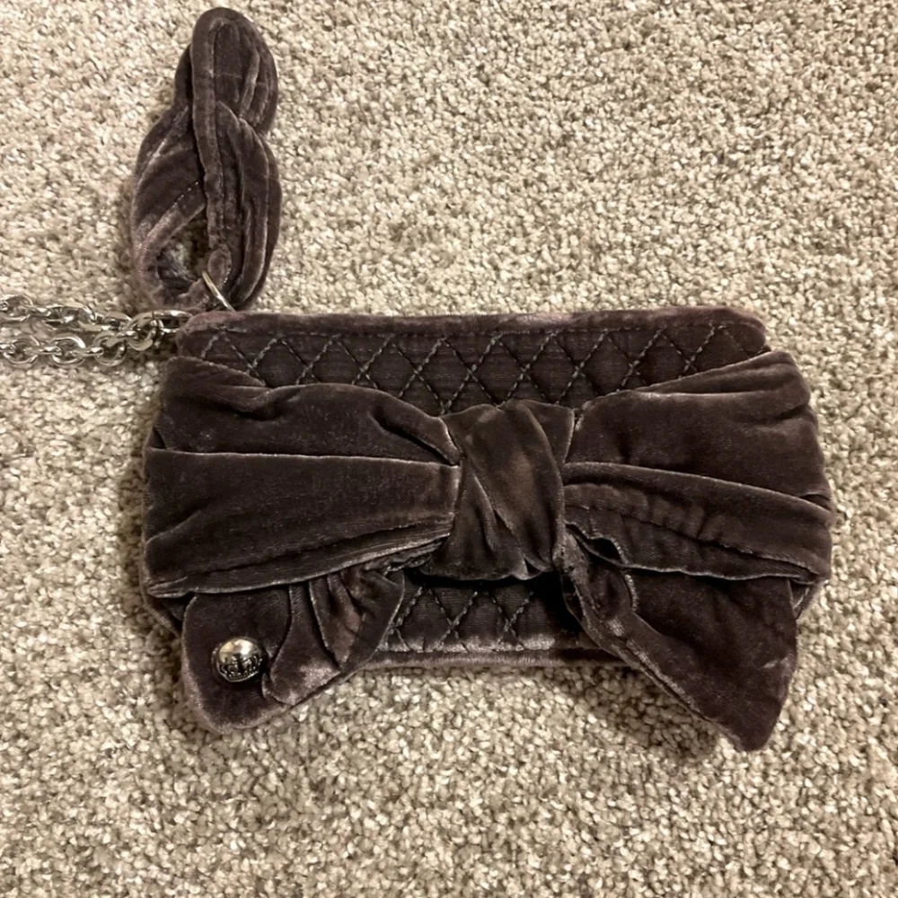 Juicy Couture Velvet Quilted Plush Bow Tie Wristlet Wallet In Chocolate Brown